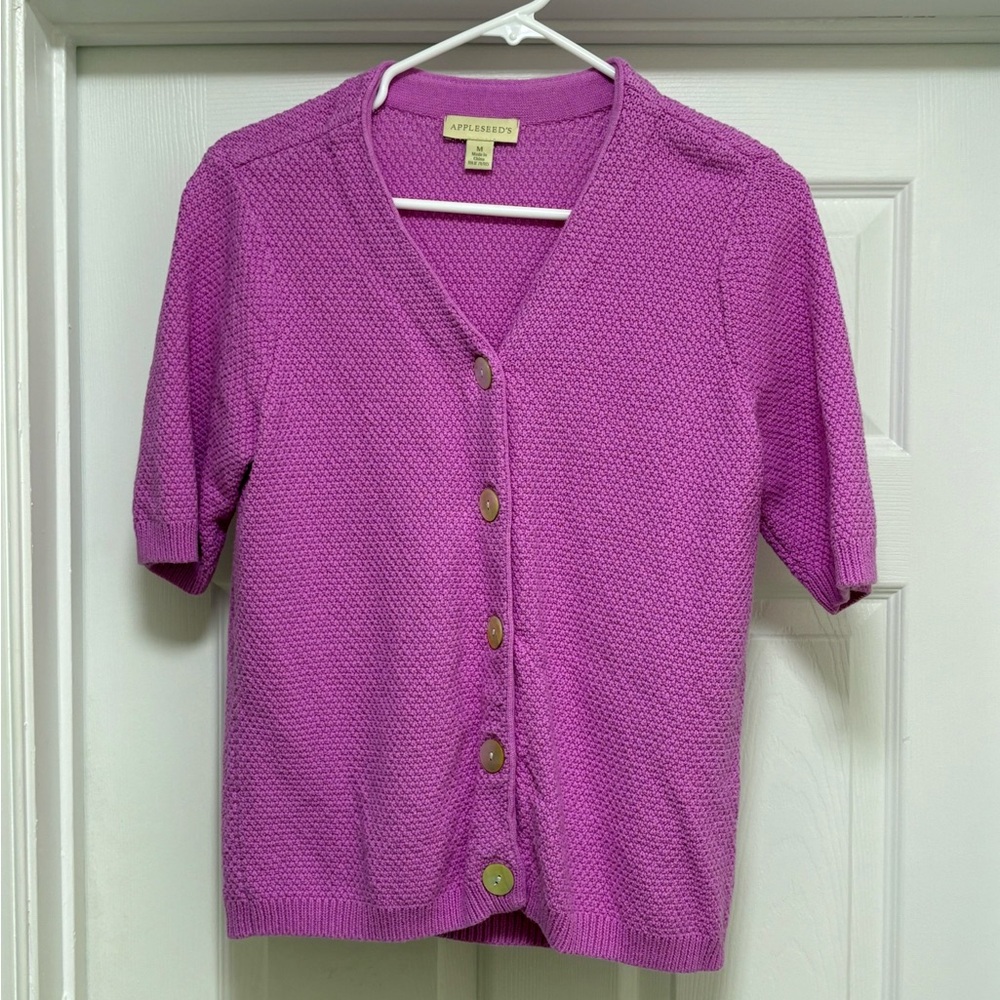 Appleseed’s Purple Pink Button-Up V-neck short sleeve Cardigan